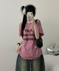 半袖Tシャツ バイカラーレタリングオーバー半袖Tシャツ(6color) INDIE PINK