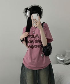 半袖Tシャツ バイカラーレタリングオーバー半袖Tシャツ(6color) INDIE PINK