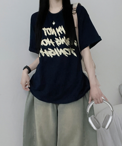 半袖Tシャツ バイカラーレタリングオーバー半袖Tシャツ(6color) NAVY