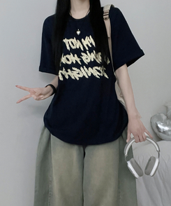 半袖Tシャツ バイカラーレタリングオーバー半袖Tシャツ(6color) NAVY