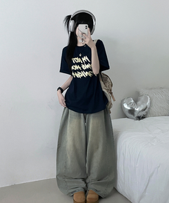 半袖Tシャツ バイカラーレタリングオーバー半袖Tシャツ(6color) NAVY