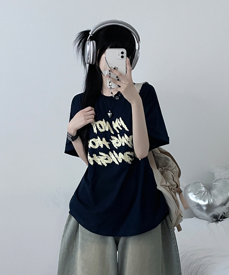 バイカラーレタリングオーバー半袖Tシャツ(6color) NAVY