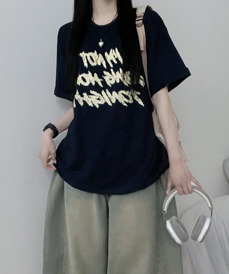 バイカラーレタリングオーバー半袖Tシャツ(6color) NAVY