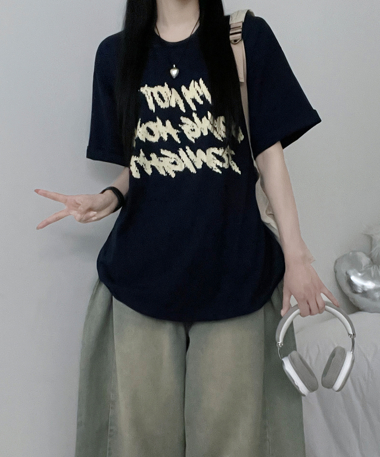 バイカラーレタリングオーバー半袖Tシャツ(6color) NAVY