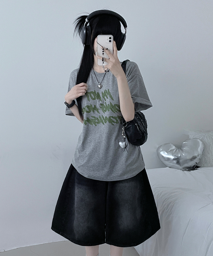 バイカラーレタリングオーバー半袖Tシャツ(6color) GREY