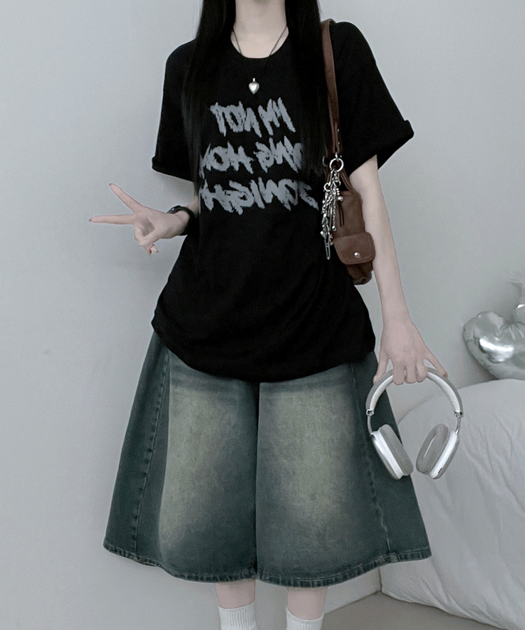 バイカラーレタリングオーバー半袖Tシャツ(6color) BLACK