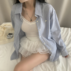 シャツ ストライプロールアップルーズシャツ SKY BLUE