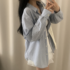 シャツ ストライプロールアップルーズシャツ SKY BLUE