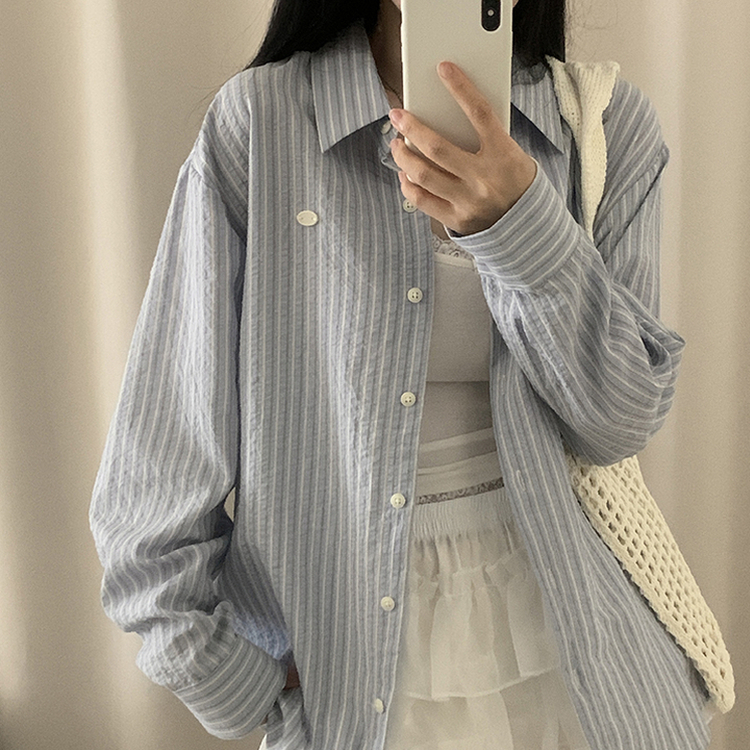 シャツ ストライプロールアップルーズシャツ SKY BLUE