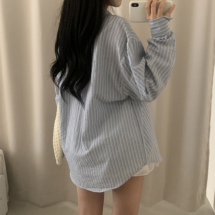 シャツ ストライプロールアップルーズシャツ SKY BLUE