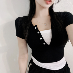 半袖Tシャツ ボタンレイヤードスパン半袖Tシャツ BLACK