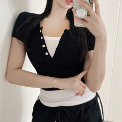半袖Tシャツ ボタンレイヤードスパン半袖Tシャツ BLACK