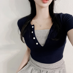 半袖Tシャツ ボタンレイヤードスパン半袖Tシャツ NAVY