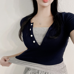 半袖Tシャツ ボタンレイヤードスパン半袖Tシャツ NAVY