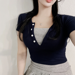 半袖Tシャツ ボタンレイヤードスパン半袖Tシャツ NAVY