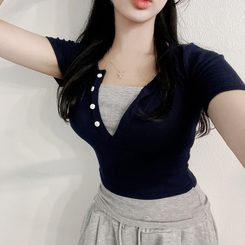 半袖Tシャツ ボタンレイヤードスパン半袖Tシャツ NAVY
