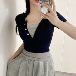 半袖Tシャツ ボタンレイヤードスパン半袖Tシャツ NAVY