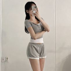半袖Tシャツ ボタンレイヤードスパン半袖Tシャツ GRAY