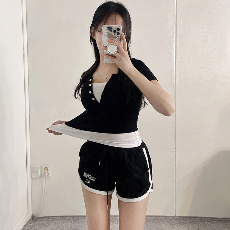 ボタンレイヤードスパン半袖Tシャツ BLACK
