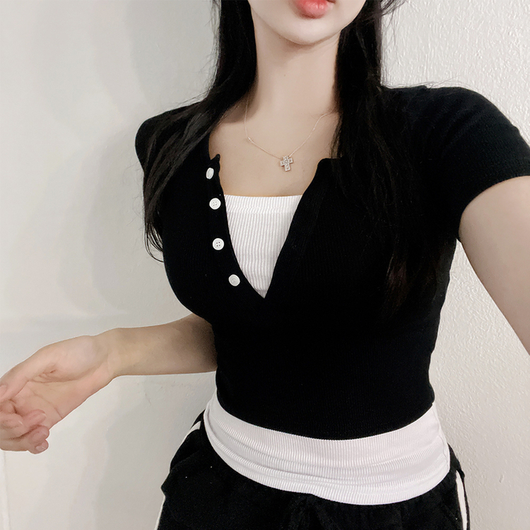 ボタンレイヤードスパン半袖Tシャツ BLACK