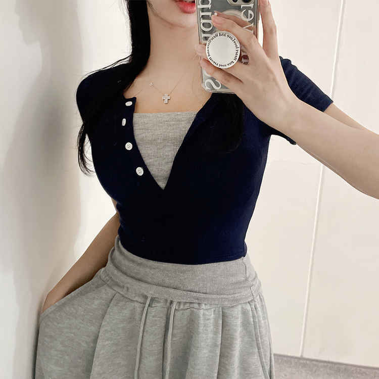 ボタンレイヤードスパン半袖Tシャツ NAVY