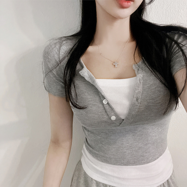 ボタンレイヤードスパン半袖Tシャツ GRAY