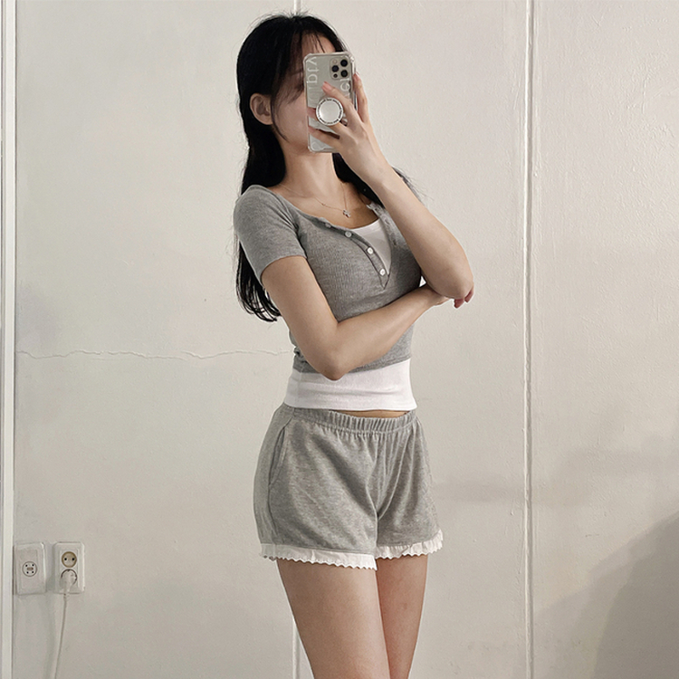 ボタンレイヤードスパン半袖Tシャツ GRAY