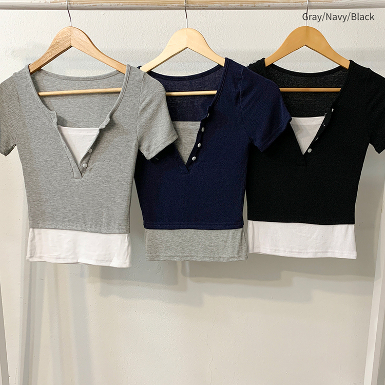 ボタンレイヤードスパン半袖Tシャツ