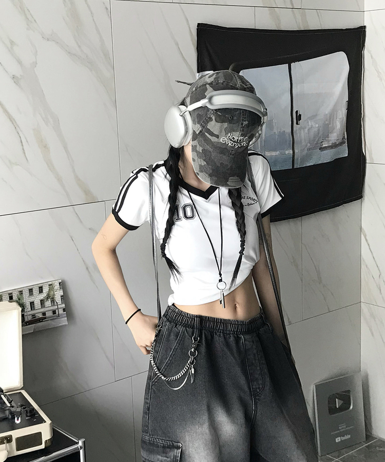 トラックラインVネック半袖Tシャツ WHITE