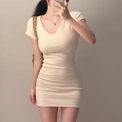 Vネックスリムミニワンピース BEIGE