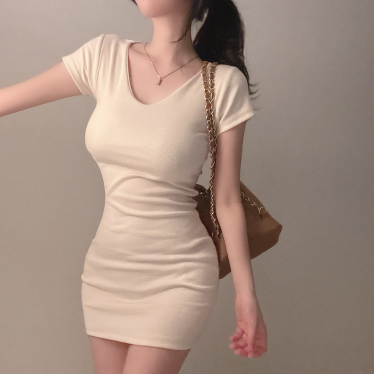 Vネックスリムミニワンピース BEIGE