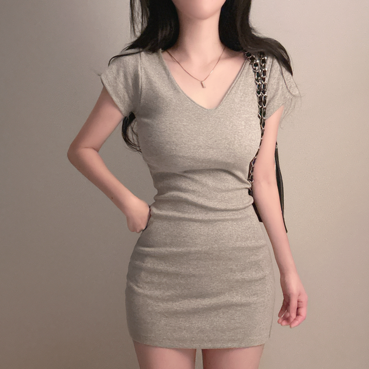Vネックスリムミニワンピース GREY