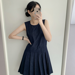 デニムプリーツワンピース DEEP DENIM