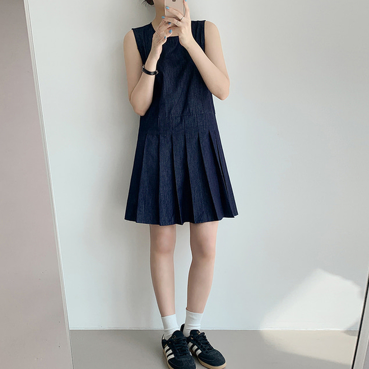 デニムプリーツワンピース DEEP DENIM