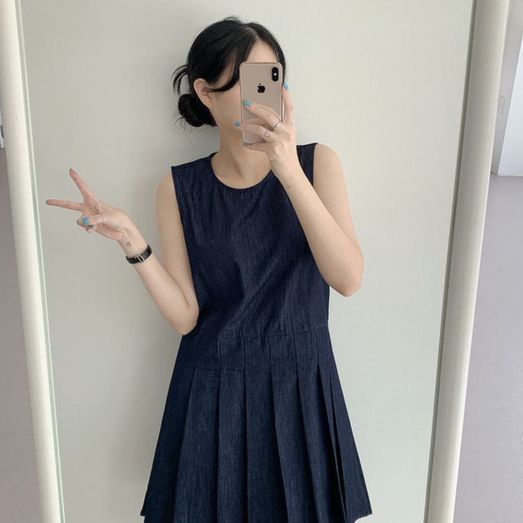 デニムプリーツワンピース DEEP DENIM