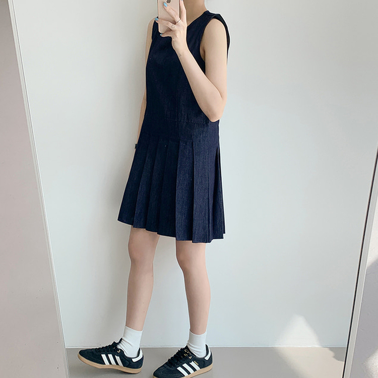 デニムプリーツワンピース DEEP DENIM