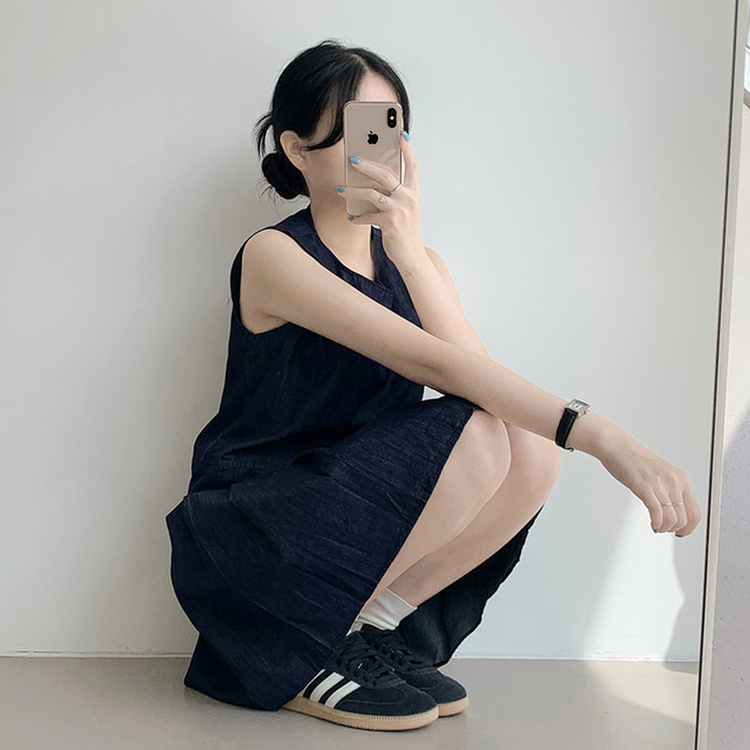 デニムプリーツワンピース DEEP DENIM