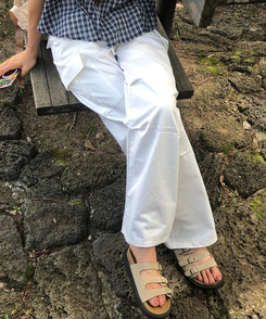 コットンパンツ コールドウエストストリングコットンピンタックワイドパラシュートロングパンツロングパンツ2color IVORY
