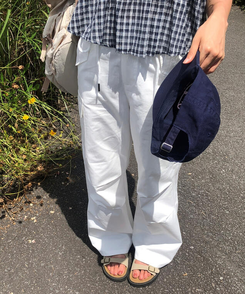 コットンパンツ コールドウエストストリングコットンピンタックワイドパラシュートロングパンツロングパンツ2color IVORY