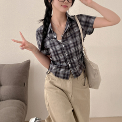 シャツ サイドシャーリングチェック半袖シャツ NAVY