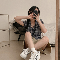 シャツ サイドシャーリングチェック半袖シャツ NAVY