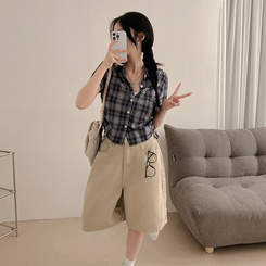 シャツ サイドシャーリングチェック半袖シャツ NAVY