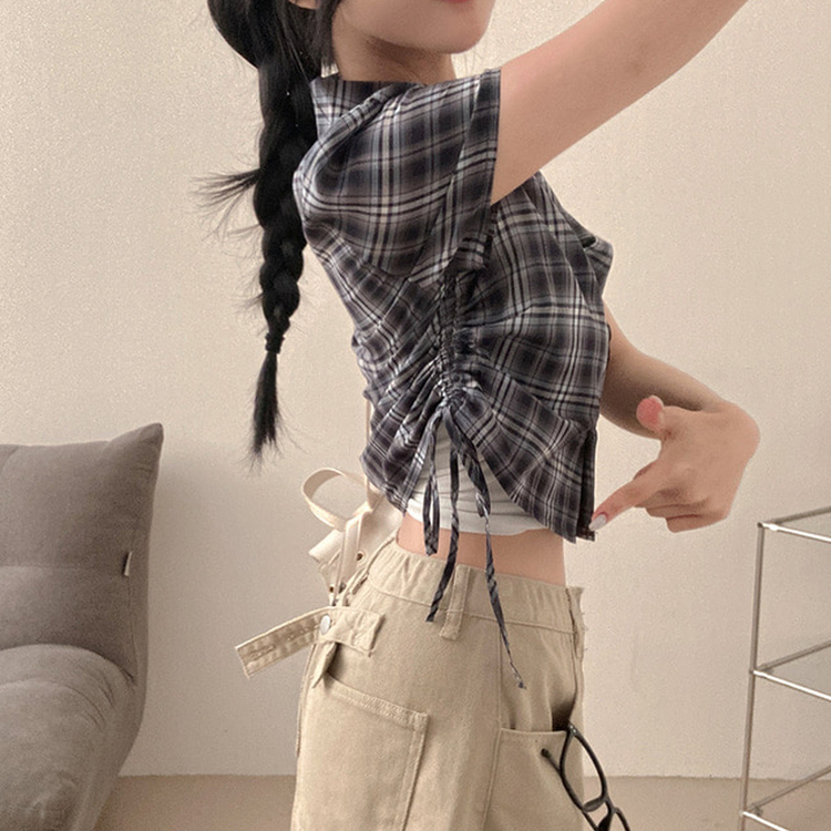 サイドシャーリングチェック半袖シャツ NAVY