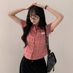 シャツ チェックセミクロップ半袖シャツ RED