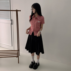 シャツ チェックセミクロップ半袖シャツ RED