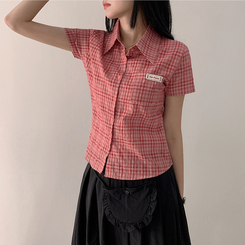 シャツ チェックセミクロップ半袖シャツ RED