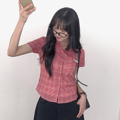 シャツ チェックセミクロップ半袖シャツ RED