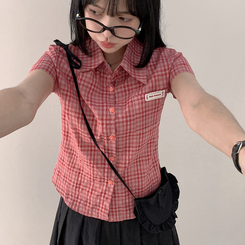 シャツ チェックセミクロップ半袖シャツ RED