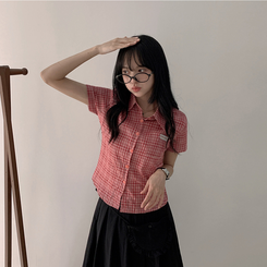 シャツ チェックセミクロップ半袖シャツ RED