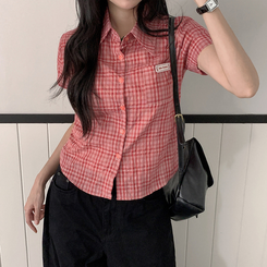 シャツ チェックセミクロップ半袖シャツ RED